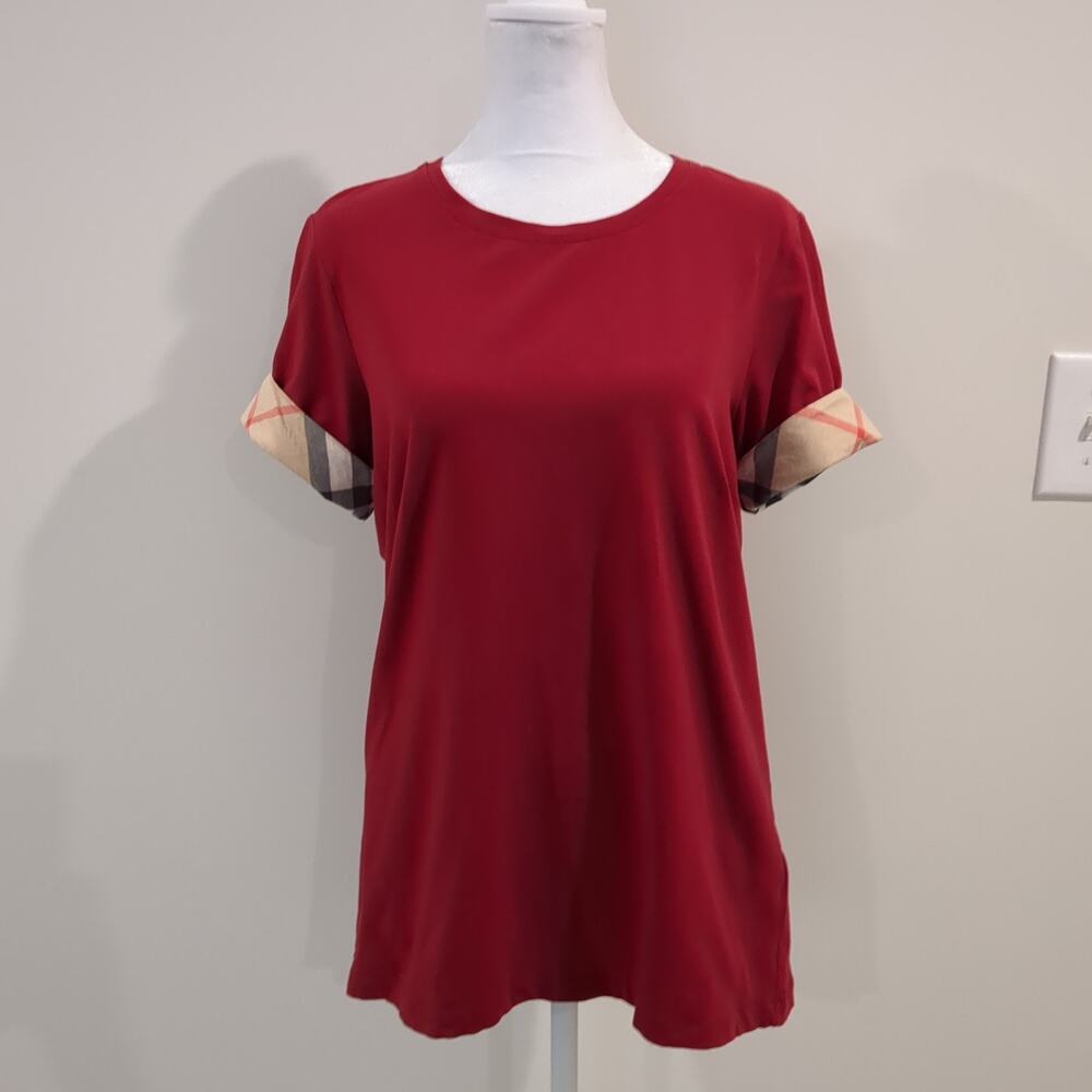 Burberry Nova Check Cuff Stretch Women’s Preppy T-Shirt Sz Large Red Designer